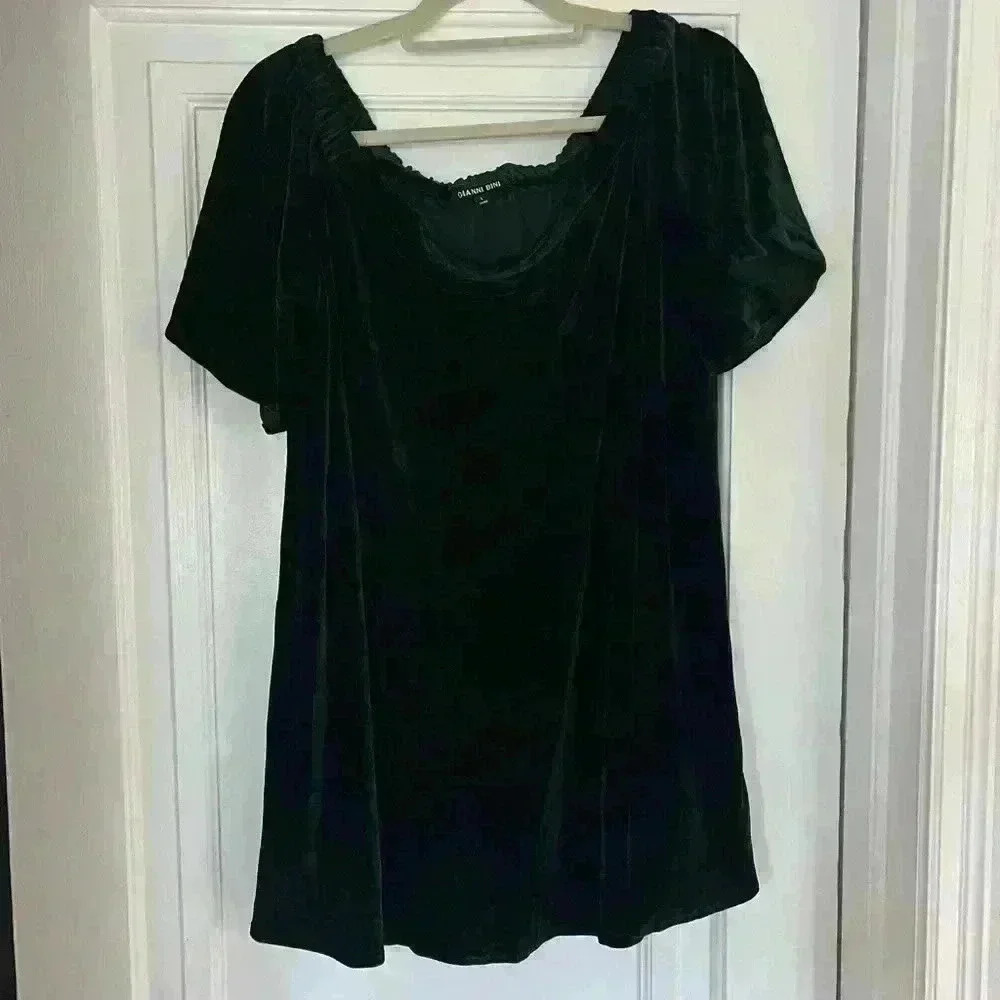 Gianni Bini green velvet babydoll dress off the shoulder mini christmas size L - Picture 6 of 13